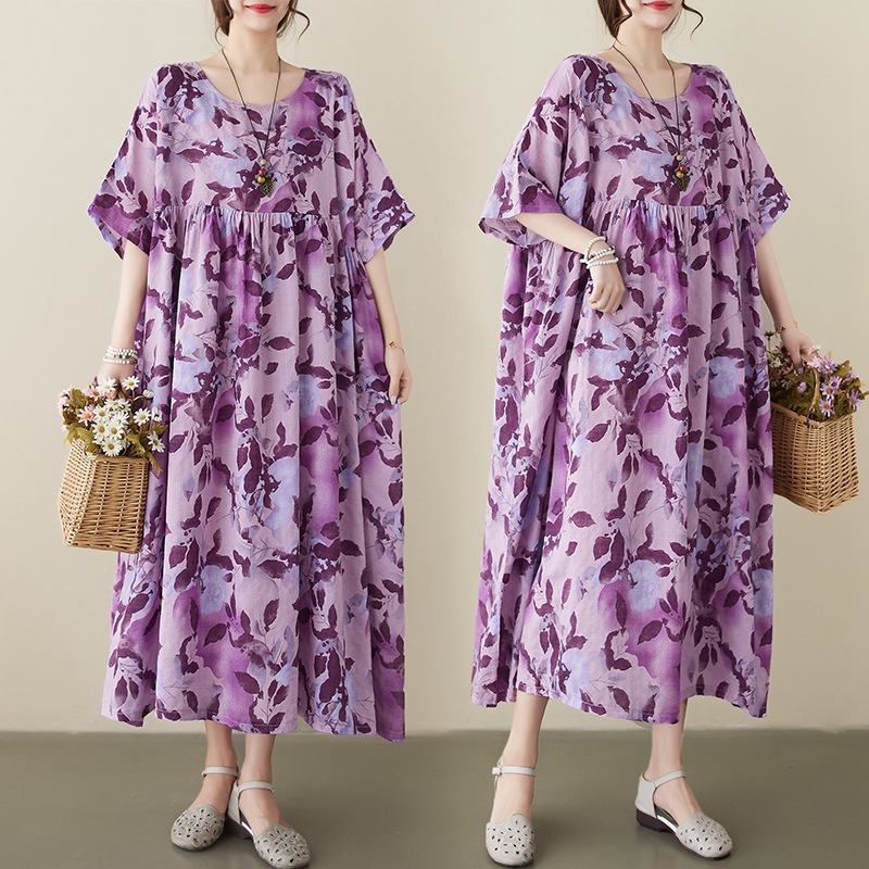 Large size flesh-covering dress  summer new style high-end sense of age reduction and big swing fat mm literary and artistic printing women's clothing wholesale