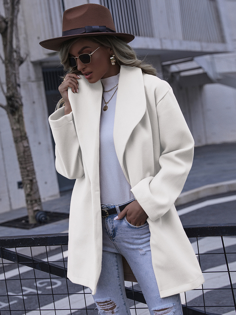 wish Amazon Cross-border European and American Women's Autumn and Winter Coat Fashion Lapel Long Woolen Coat Women