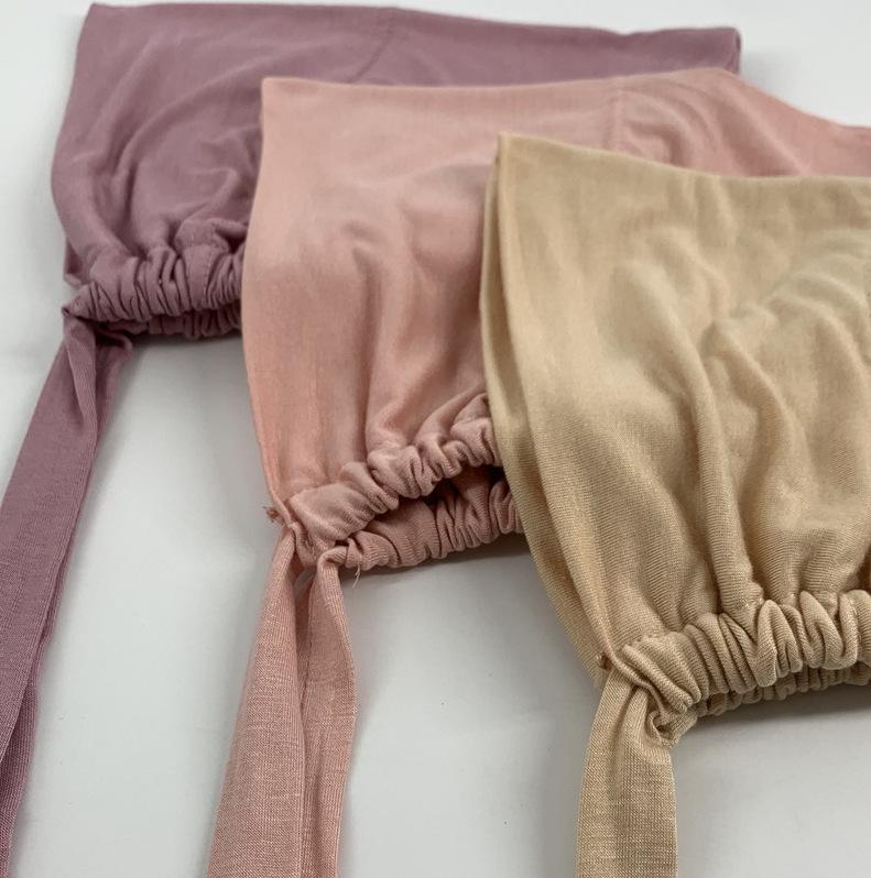 Solid color mercerized cotton lace-up elastic base cap adjustable tether headscarf fur Muslim hat