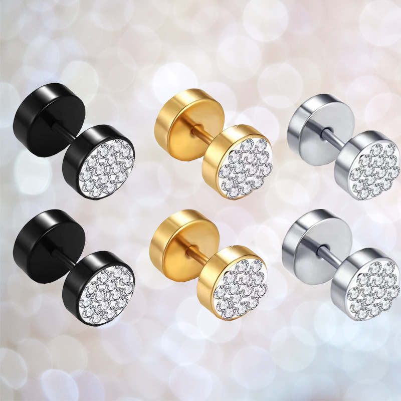 Wholesale stainless steel gypsophila rhinestone trendy men's personality dumbbell earrings mud rhinestone round cake fashion earrings earrings