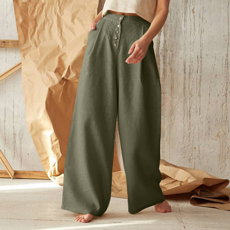 2023 Ma Xun eBay women's solid color high waist casual button cotton linen wide leg pants