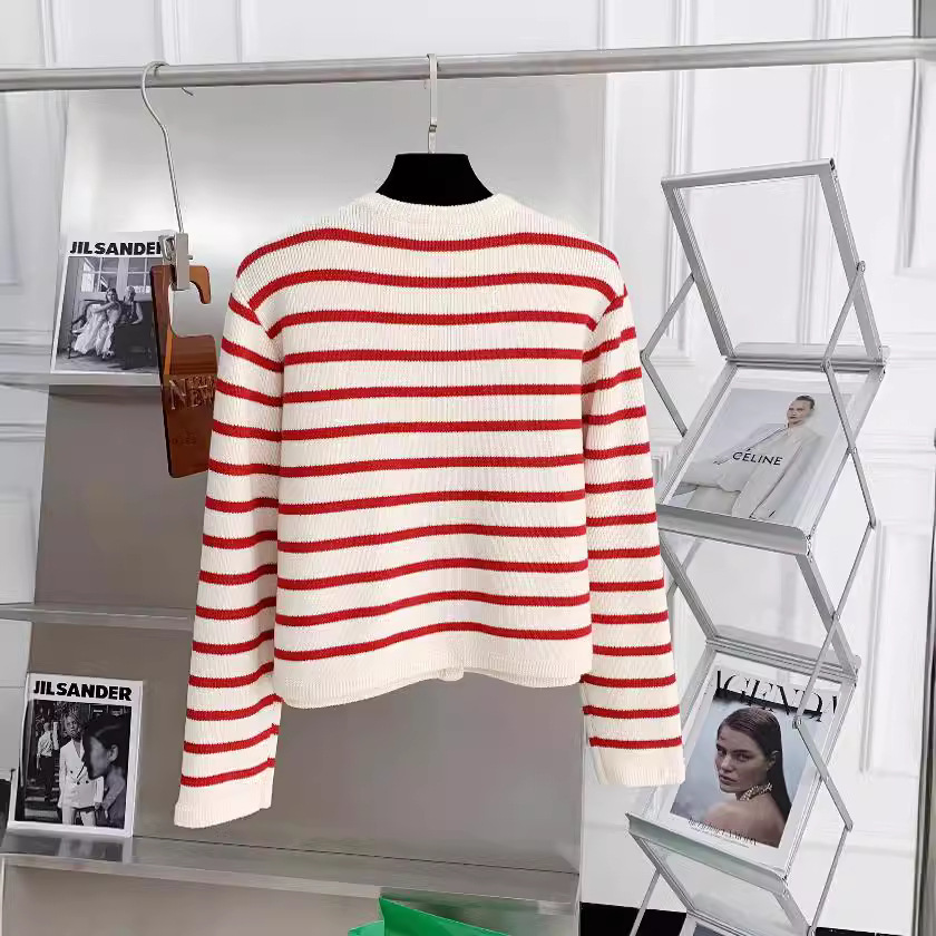 Gold Button Contrast Stripesd Round Neck Small Fragrant Knitted Cardigan for Women Autum French Loose Short Outer Sweater Jacket