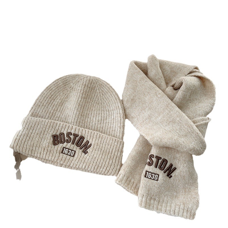 Korean children's hat scarf 2-piece set for boys and girls embroidered letters solid color all-match suit autumn and winter baby warm
