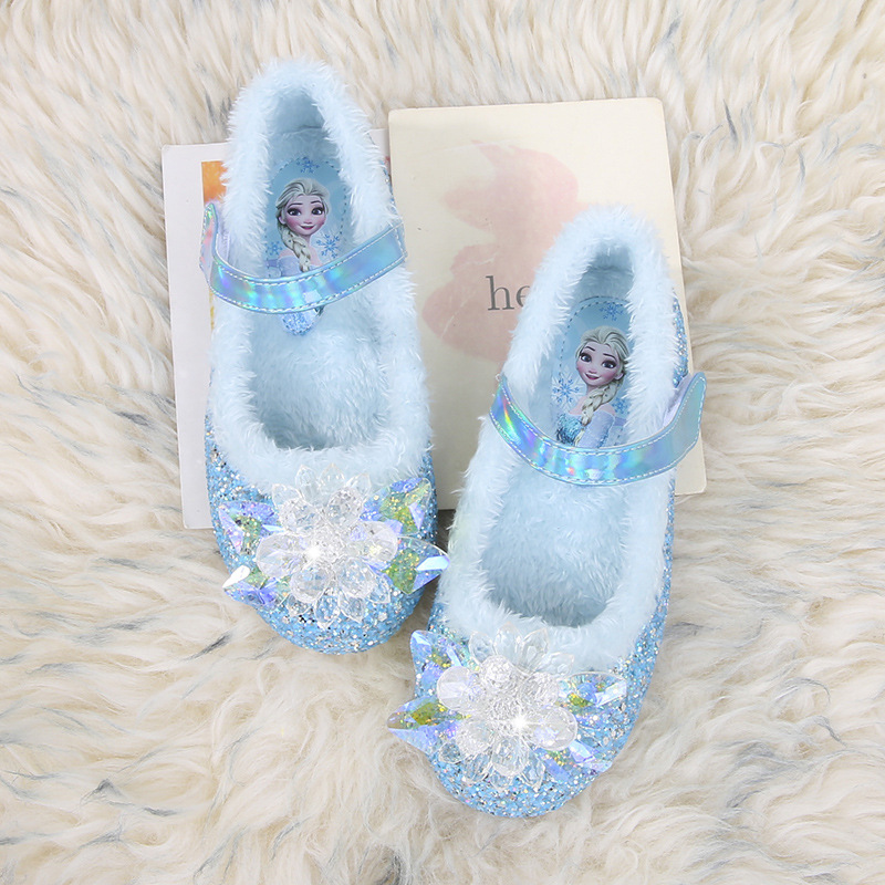 Elsa Princess Shoes Winter New Girls' Velvet Warm Flat Shoes Blue Crystal Shoes Little Girl Soft Shoes