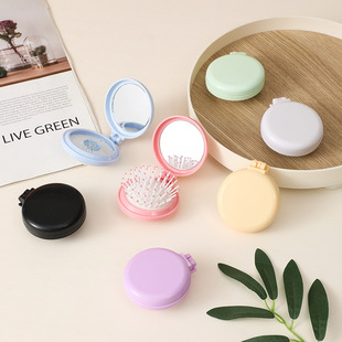 Folding cute mini portable round airbag mirror comb integrated comb with mirror flip ins style factory wholesale