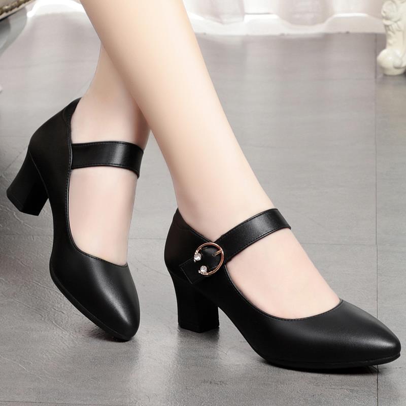 Mom's shoes for spring and autumn new soft sole thick heels one-liner high heels single shoes for women's mid-heel round-toe women's leather shoes