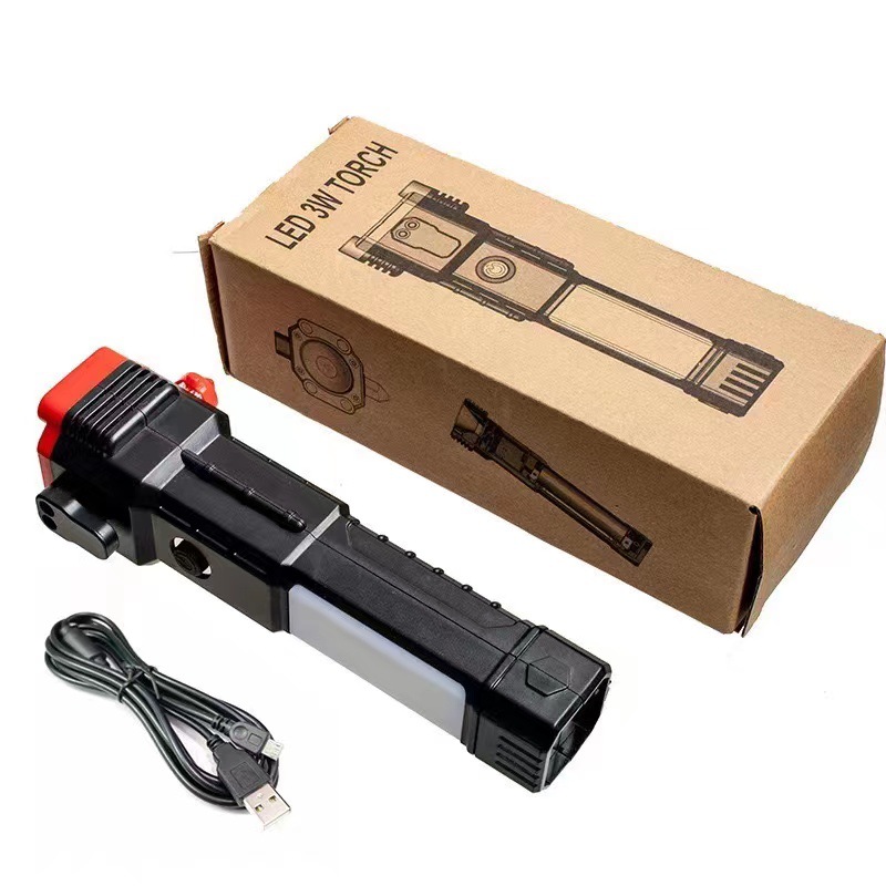 Multifunctional safety hammer flashlight car fire emergency car broken window escape hammer strong light red and blue flash flashlight