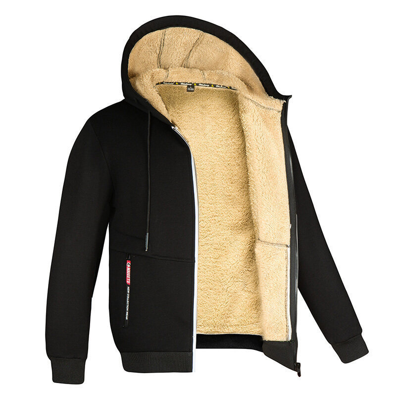 Winter sweater men's hooded new trendy handsome loose fleece-lined thickened cold-proof lambswool liner coat for men