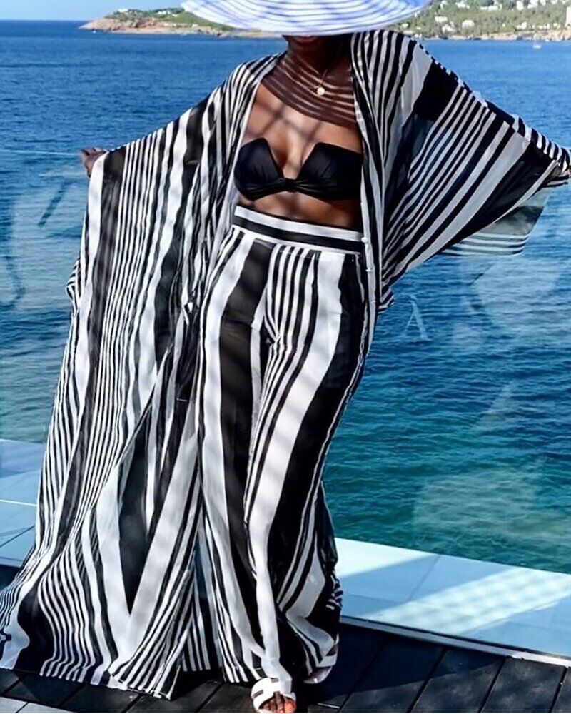 Trendy New striped suit loose plus size sense long sleeve printed temperament urban leisure stitching fashion suit