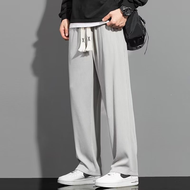 Summer Ice Silk Thin Pants Men's Trendy Brand Casual Wide Leg Straight Pants Dosing Large Size Solid Color Trendy Sports Pants