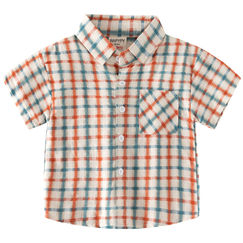 Boys plaid shirt 2023 Summer Children's short sleeve shirt wholesale baby pocket shirt fresh plaid shirt