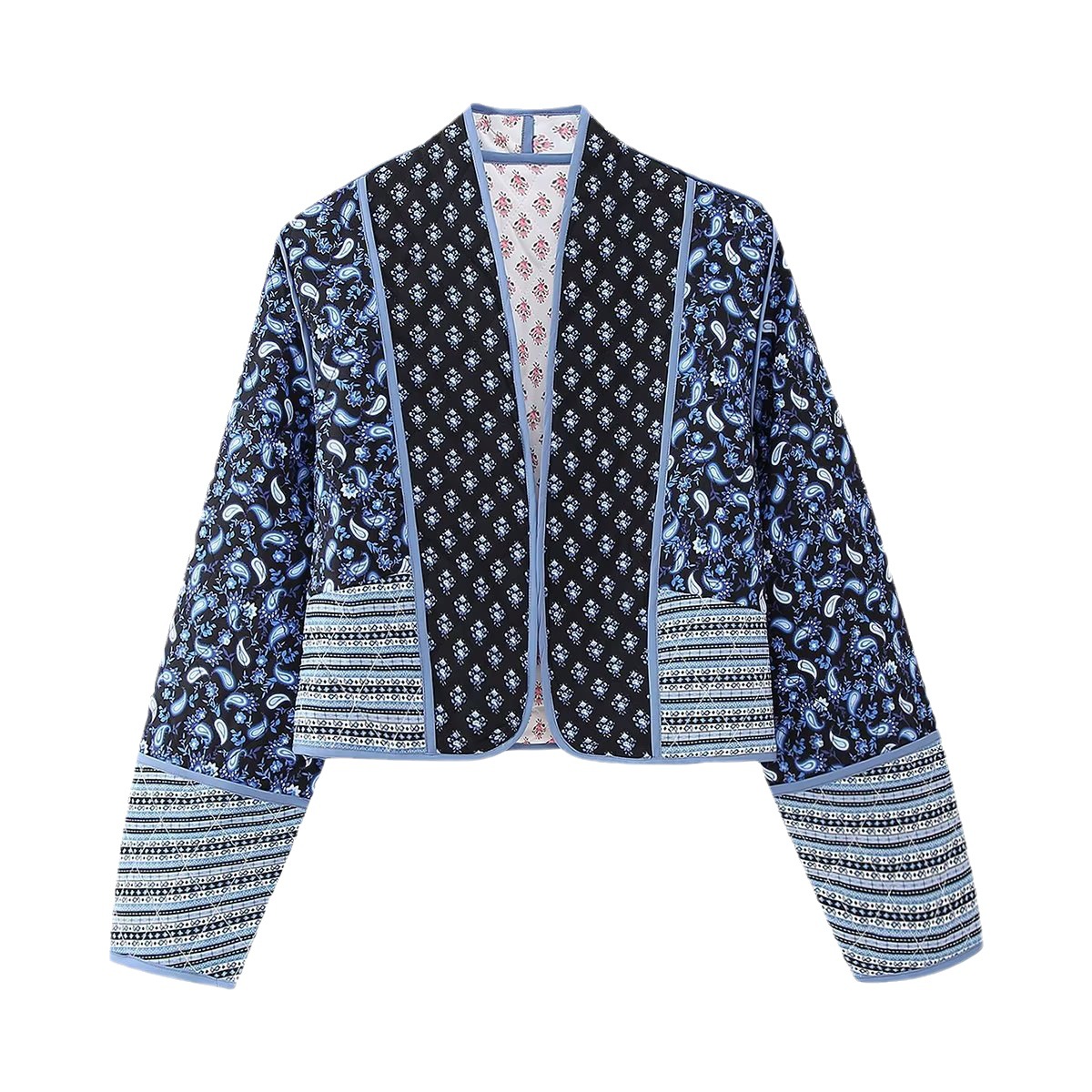 European and American Amazon Women's printed two-sided quilted jacket cardigan color matching small cotton-padded jacket cotton-padded coat female D15733