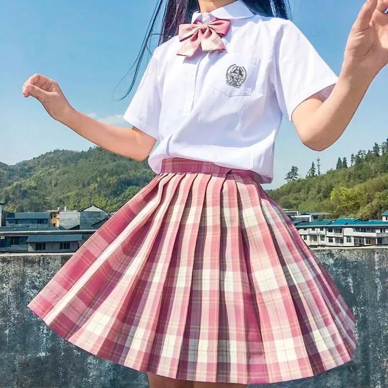 Summer jk Uniform Dress Women's Suit Full Set College Style Primary School Pupils Gentle One-knife Short-sleeved Girl JK Plaid Dress