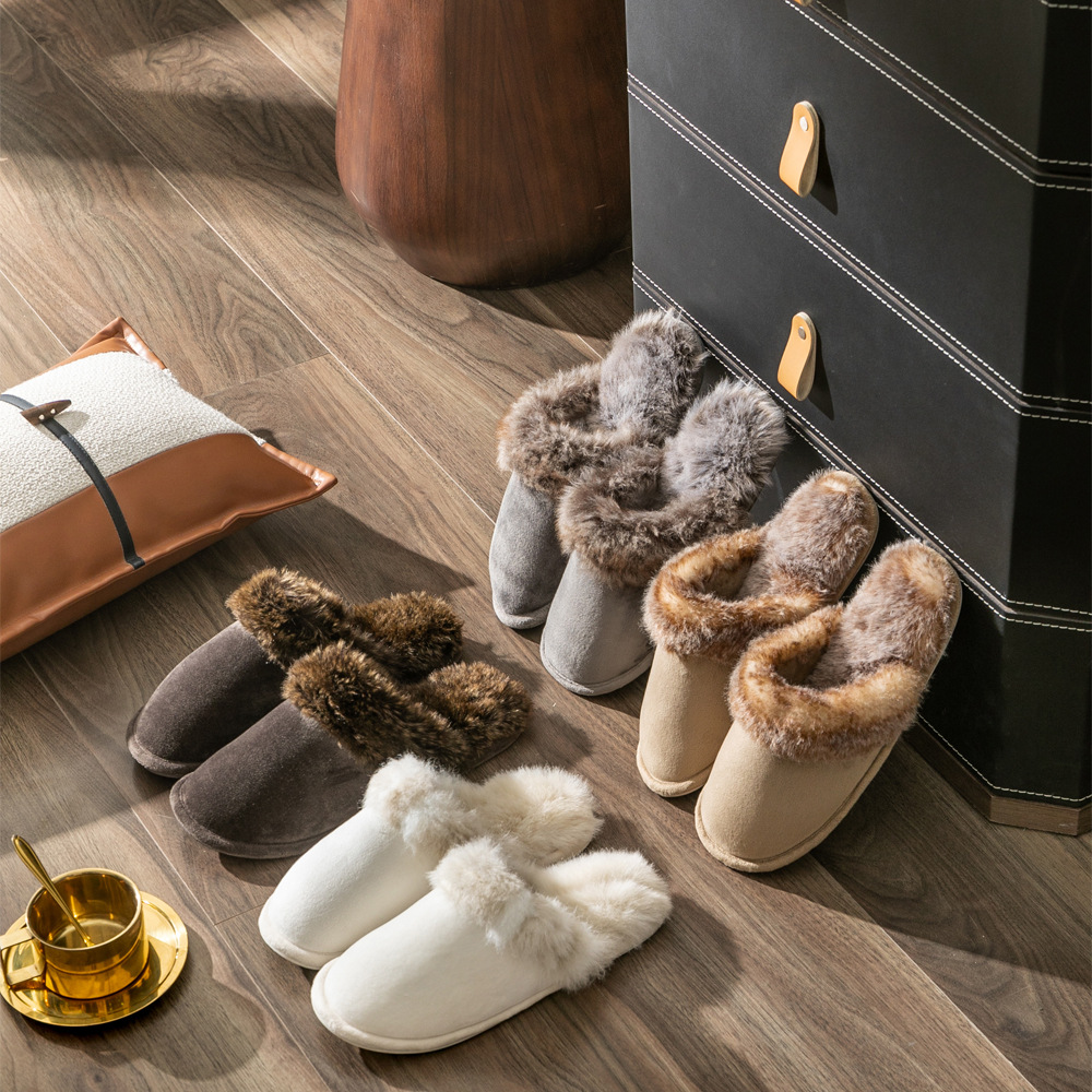 Jingshilu Autumn and Winter Couple Thickened fleece-lined Solid Color Warm Household Home Cross-border Cotton Slippers plus size Maomao Slippers for Women