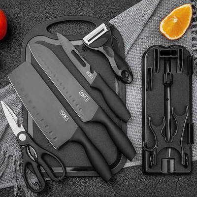 Household stainless steel knife suit seven-piece kitchen vintage fruit knife kitchen knife set knife holder cutting board full set