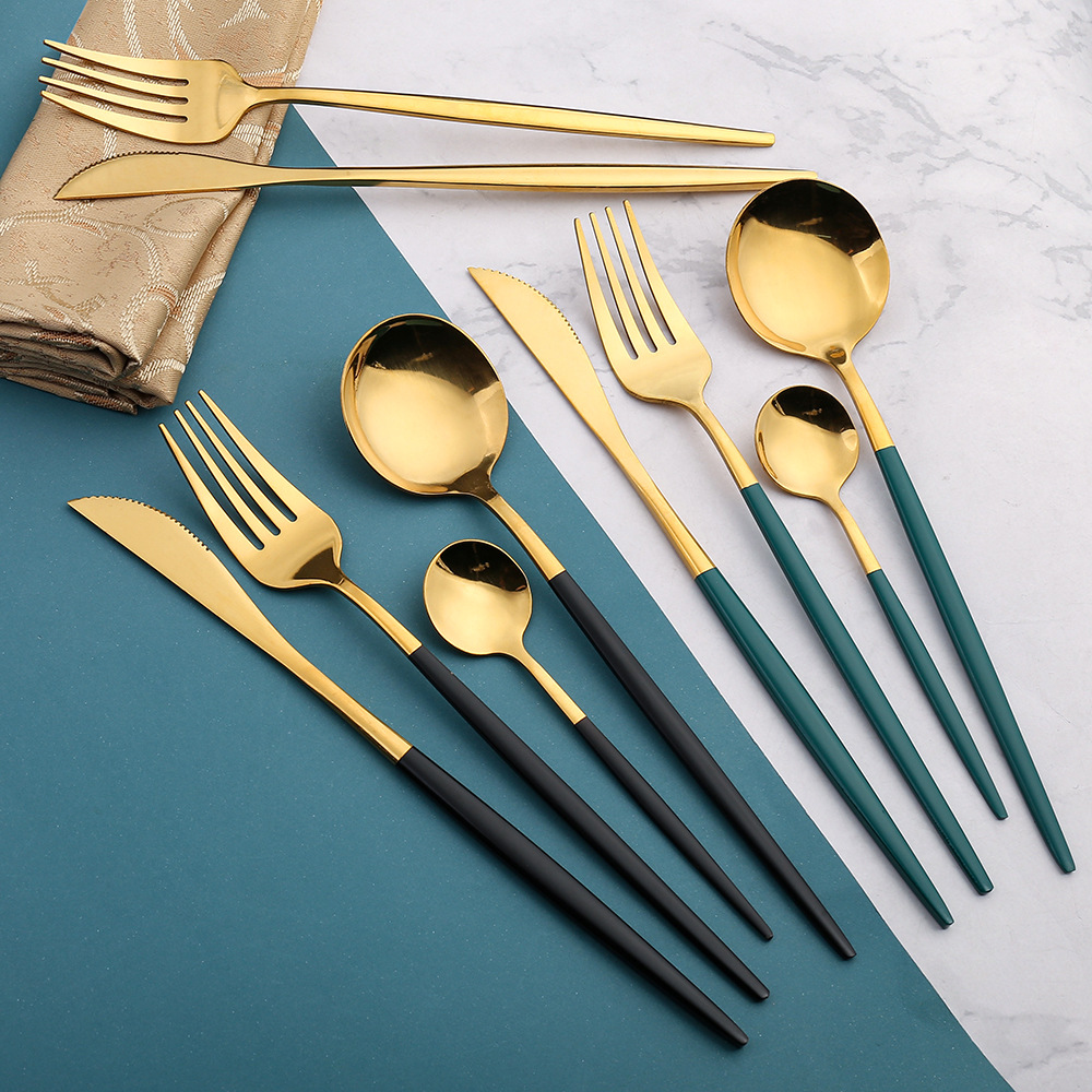 L stainless steel tableware, Portuguese cutlery, fork and spoon set of four, golden steak knife and fork, Western tableware, Dragon Boat Festival gift