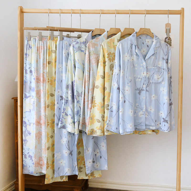 New Women's Spring and Summer High-end Satin Pajamas Cotton Silk Pajamas Pastoral Long Sleeve Trousers Home Wear Set Thin