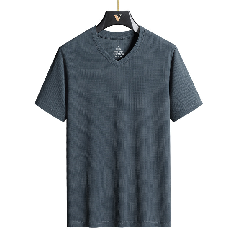 Men's V-neck Ice Silk short-sleeved T-shirt plus size large fat summer thin loose sports chicken collar half-sleeved shirt