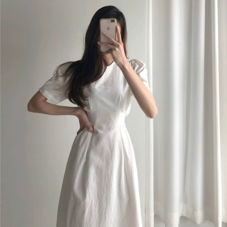 Platycodon French design long skirt white puff sleeve cotton and linen dress women's summer thin Korean version