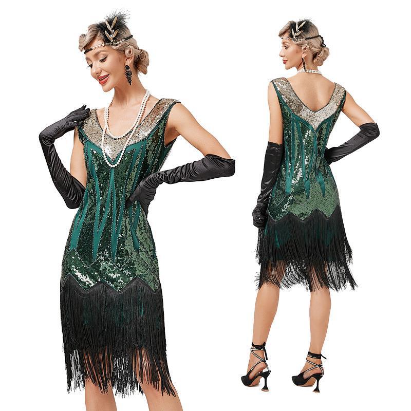 European and American retro 1920V collar double-layer tassel dress Gatsby cocktail ball sequined beaded dress