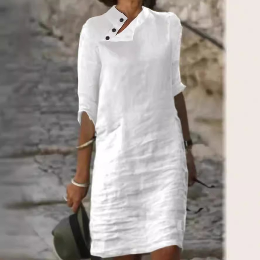 2024 Amazon independent station spring and summer new casual stand collar button cotton linen solid color half sleeve dress