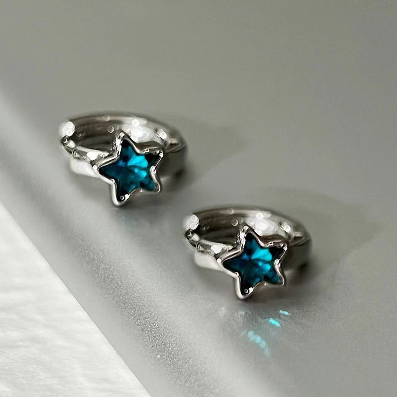 European, American, Japanese and Korean Five-pointed Star Ear Buckle Indigo Zircon Star Elegant Earrings Silver Plated Blue Zirconium Star Earrings for Women