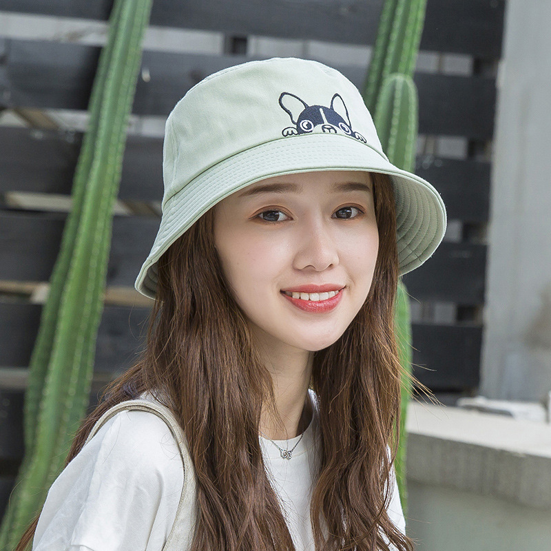 Hat Women's Sunshade Sunscreen Four Seasons Flat Top Embroidered Dog Japanese Style Bendable Folding Fisherman Hat Korean Style Soft Girl Basin Hat
