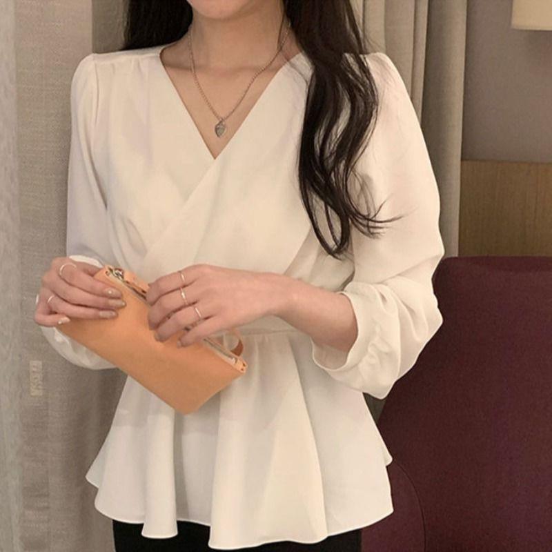 Spring and Summer Chiffon Shirt Women's Korean-style Design Sense New Elegant V-neck Elegant Tight Waist Lace-up Long Sleeve Shirt Top