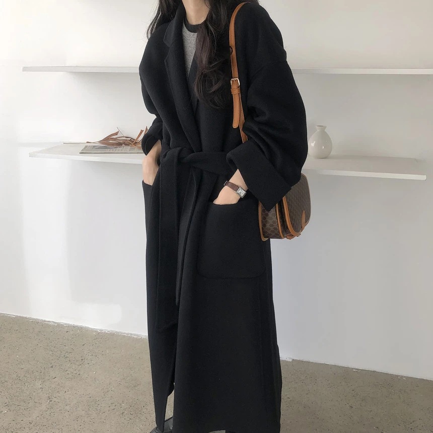 South Korea Dongdaemun 2023 autumn and winter New lace-up cashmere coat Women's Mid-length loose over-the-knee woolen coat_voghion.com