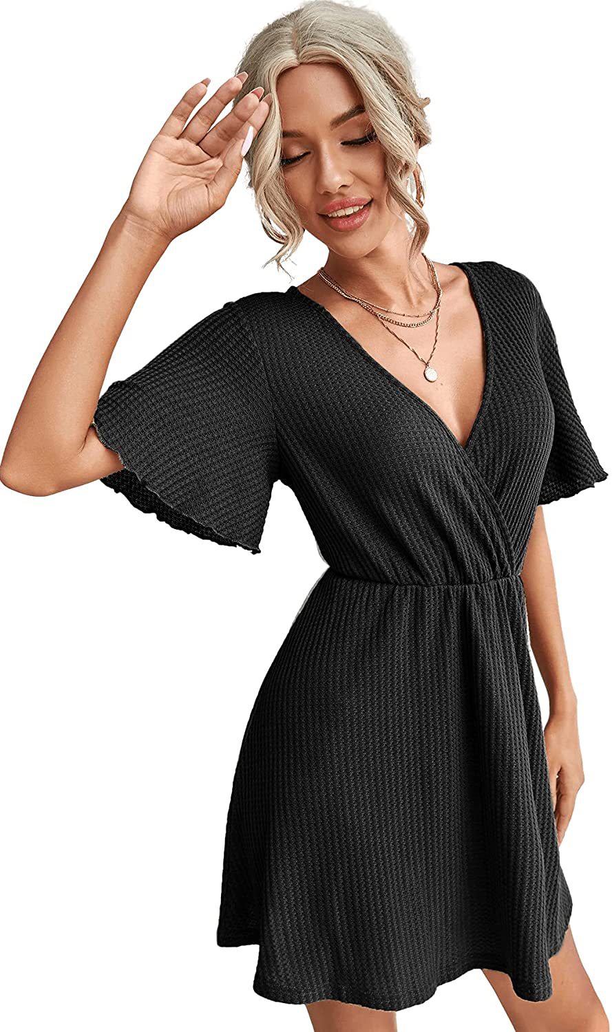 Amazon 2022 new pure color simple temperament commuter waffle mid waist dress Female Factory in stock hot sale