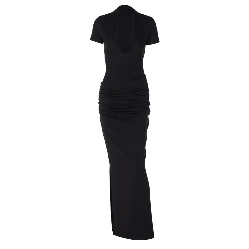 2024 spring new women's clothing sexy deep V short sleeve solid color hot girl style pleated long dress one-piece delivery