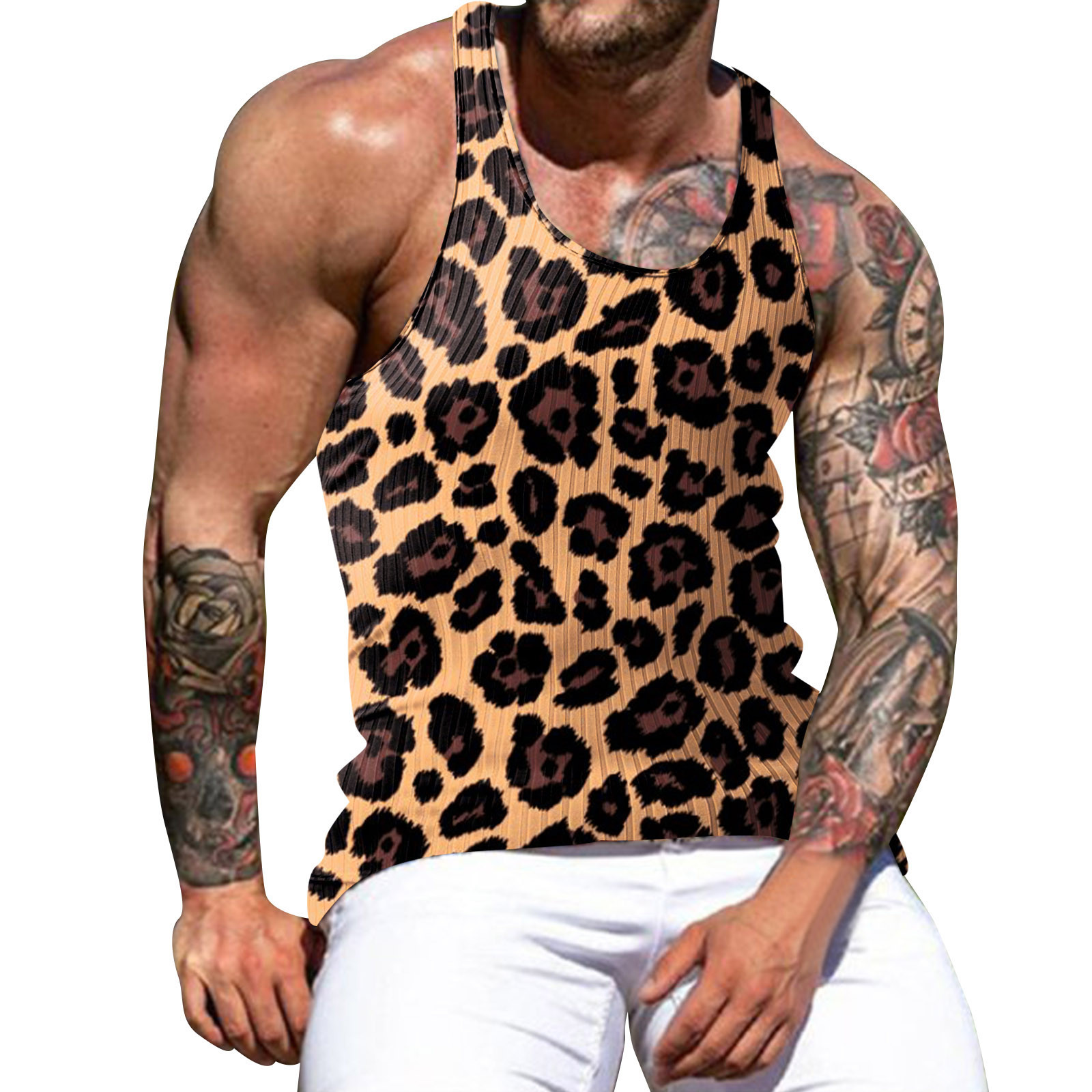 Cross Border 3D Printed Vest Leopard Print Tie Dye Summer Fashion Casual O Collar T-shirt Men's Fitness Clothes Bodybuilding Vest