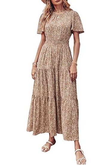 Women's Short Sleeve Round Neck Fold Elastic Waist Layered Long Dress Summer Bohemian Floral Horn Sun Dress