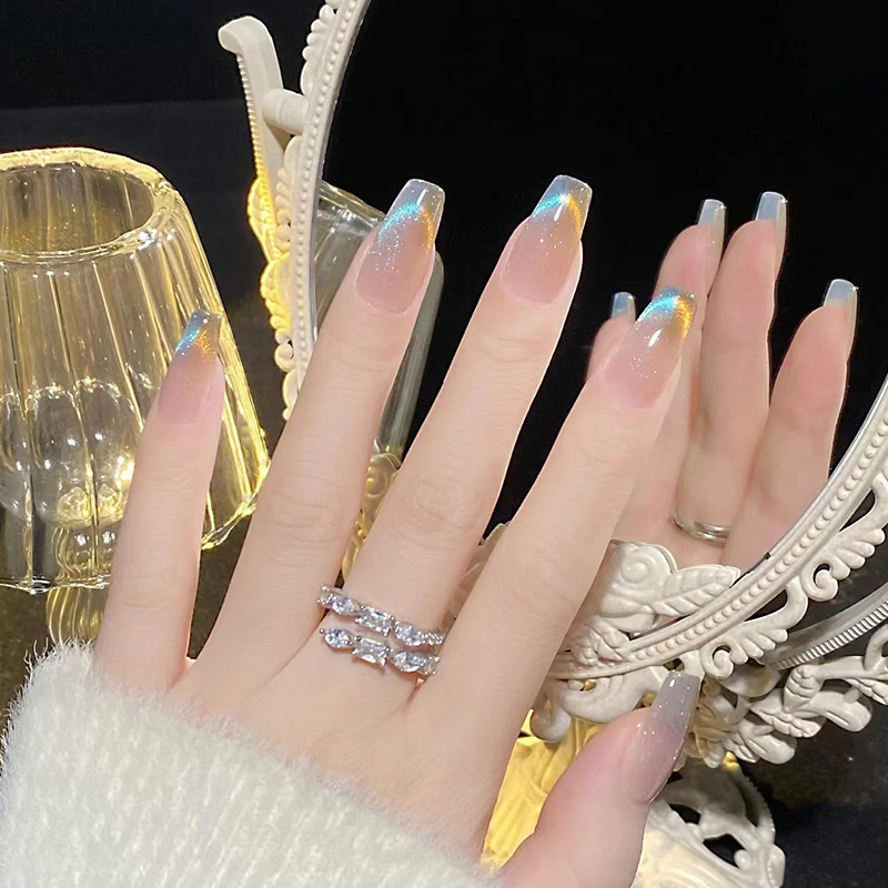 Flash cat eye nail polish wearable nail piece French gradient two-color nail sticker finished fake nail Aurora White nail