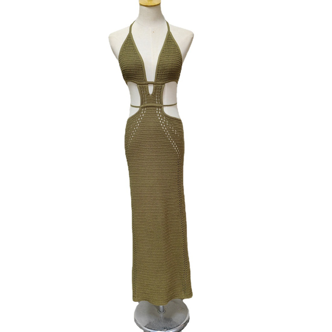 Summer European and American Women's Sexy Street Style Pure Desire Hanging Neck Lace-up Wrap Chest Hollow Backless Knitted Sheath Dress