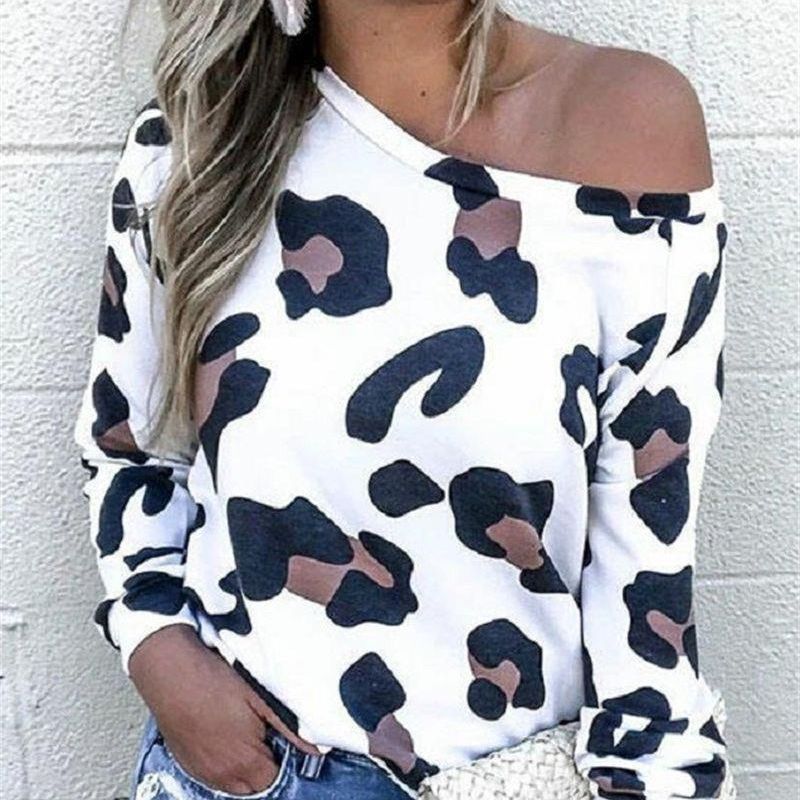 Europe and the United States cross-border new women's clothing Amazon hot explosion leopard print round neck diagonal shoulder raglan sleeve women's top