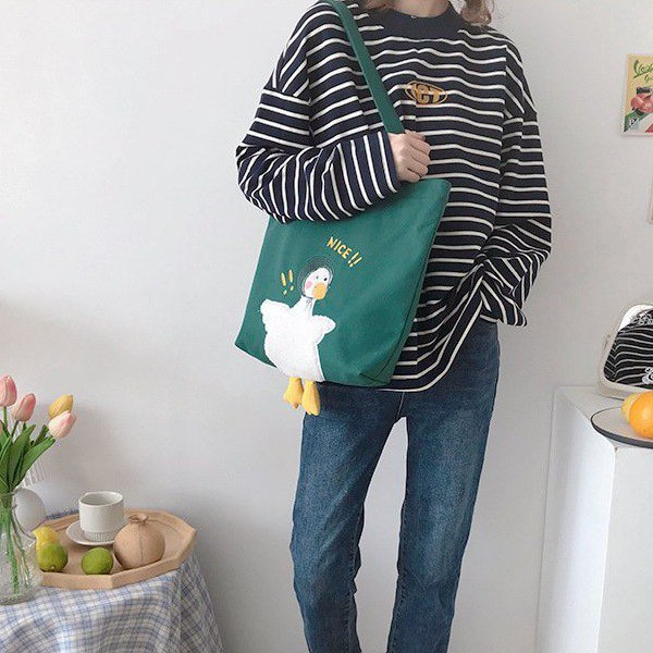 韓国版小清新刺繍キャンバスバッグ女性萌え趣味アヒルシングルショルダーバッグ大容量シンプル少女手提げ袋|undefined