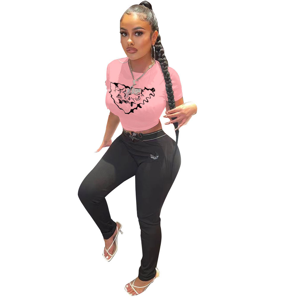 Y71320 New Cross-border European and American Independent Station High Street Tide Brand Wear Two Pieces of Letter Printed Short Sleeve T-shirt Trousers