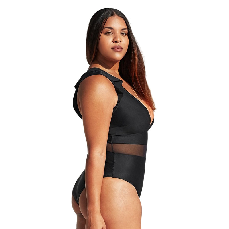 Cross-border New European and American Women's Fat-added one-piece Swimsuit Solid Color Mesh Stitching plus size Swimsuit AliExpress bikini