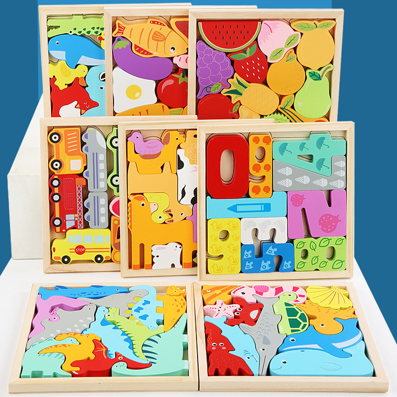 Cartoon children's creative wooden three-dimensional puzzle Tetris animal hand-held puzzle building blocks Transportation