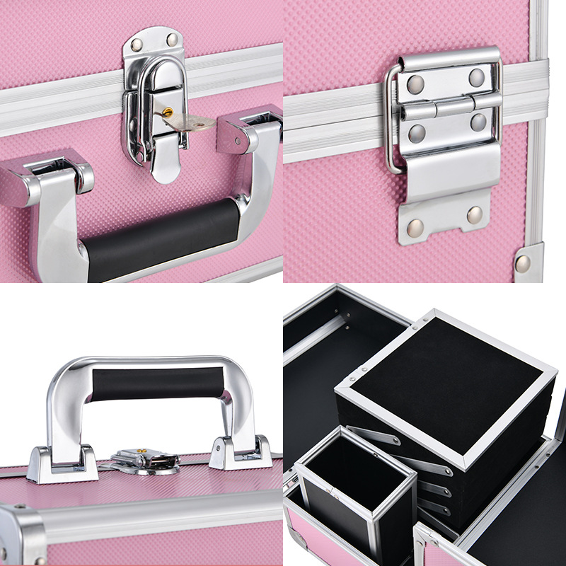 Portable aluminum alloy cosmetic case with diamond pattern ABS large capacity high-end mirror cross-border storage case with mirror