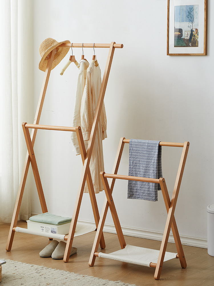 Nordic Solid Wood Floor Clothes Rack Clothes Storage Rack Japanese-style Multi-functional Household Indoor Bedside Folding Clothes Hanger