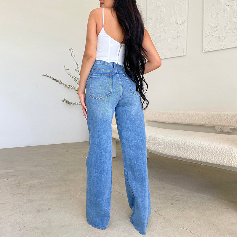 Factory direct Amazon ladies jeans long high waist ripped Burr selling European and American style comfortable wide leg pants