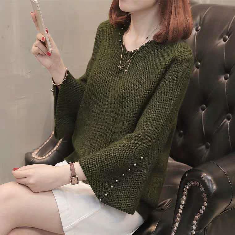 New Women's 2023 Korean Style Autumn Sweater Women's Pullover Bead Korean Style Loose Short V-neck Base Knitted Sweater