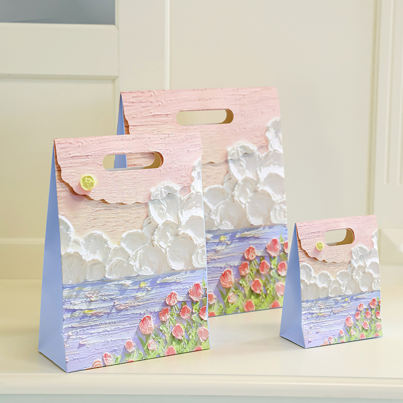 Ins Oil Painting Style Three-dimensional Gift Bag Jewelry Hair Accessories Handbag Holiday Birthday Handheld Gift Packaging Bag