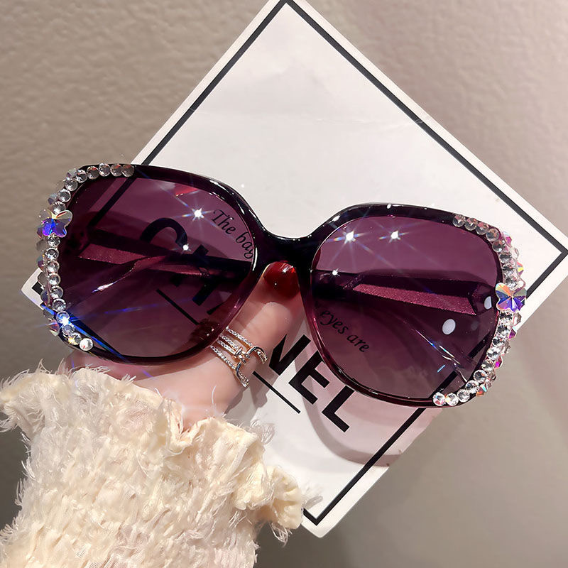 2023 New Rhinestone Sunglasses ins Sunscreen UV-proof Sunglasses Personalized Women's Big Face Slimming with Diamond Fashion Brand