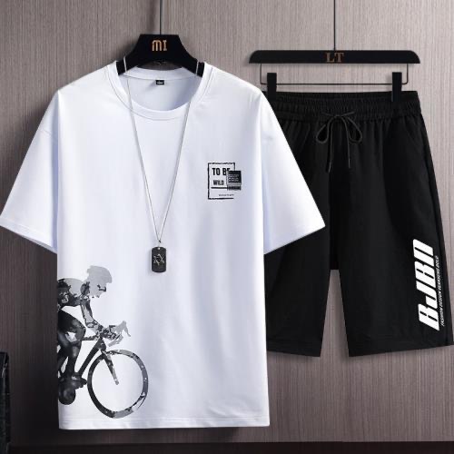 Summer New Ice Silk Short-sleeved T-shirt Men's Sports Suit Young Students Loose Large Size Half-length Pants Top Clothes