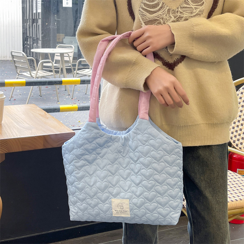 MAY RABBIT love quilted shoulder bag large capacity canvas bag contrast color underarm bag student school bag cloth bag