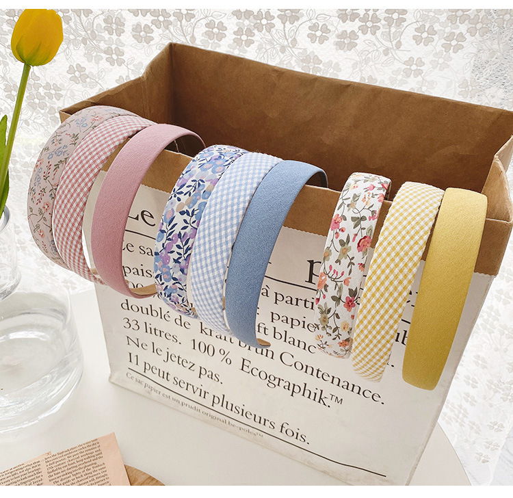 Korean style retro floral Plaid pastoral style headband versatile fresh solid color headband Mori Super fairy hair accessories butterfly