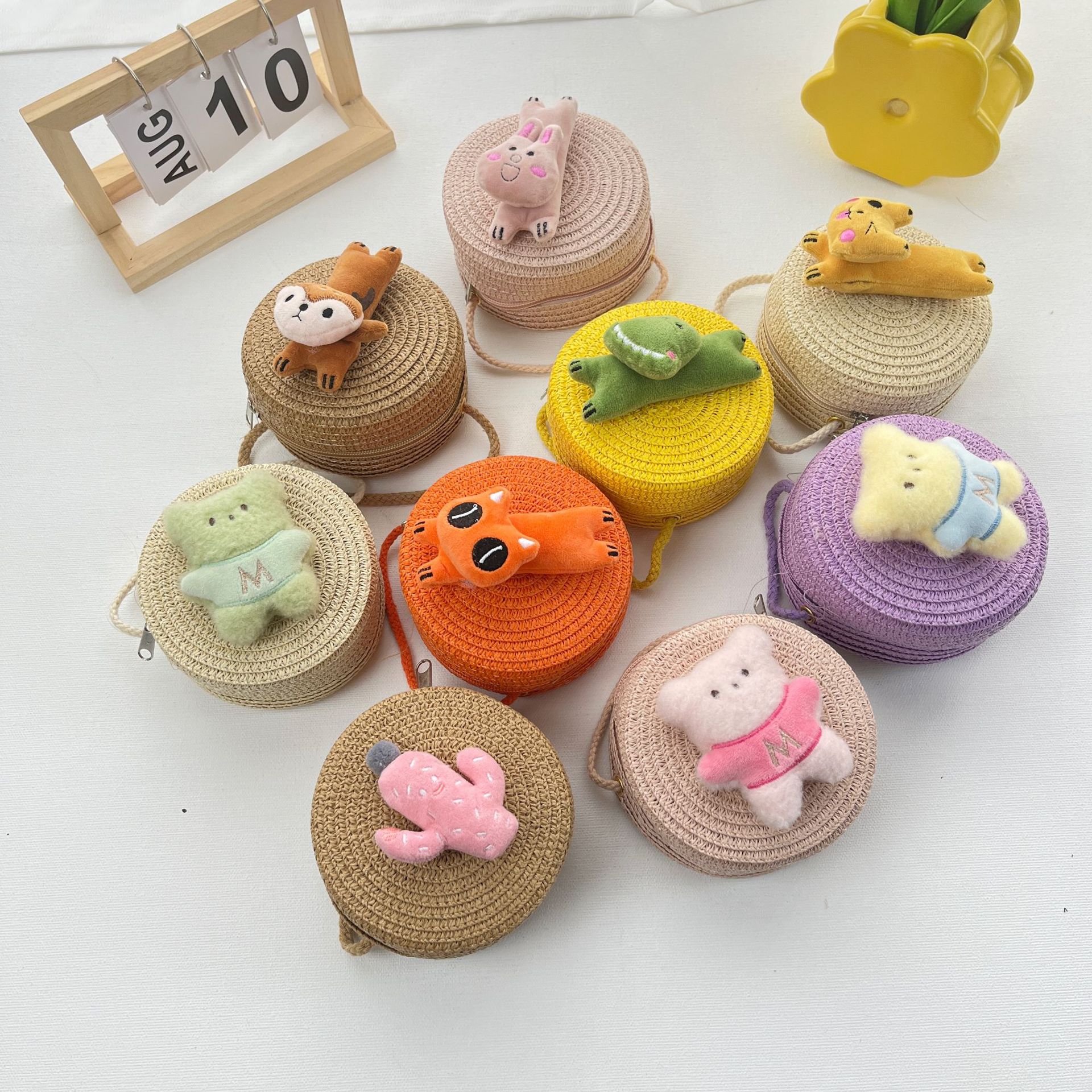 Children's bag Japanese cartoon small round bag straw big ears dog Bear girl boy crossbody change small bag